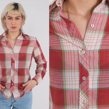 Red Plaid Blouse 80s Button Up Shirt White Checkered Print Long Sleeve Top Retro Plain Basic Casual Vintage 1980s Cracker Barrel Small S 