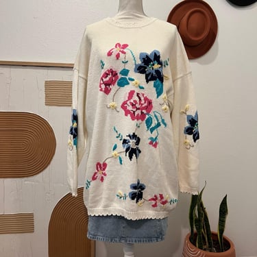 Vintage Floral Embroidered Cotton Knit Oversized Long Granny Cottage Sweater 