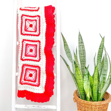Vintage Afghan Blanket | Pink, Red & White Granny Square Afghan | Vintage Crochet Blanket 