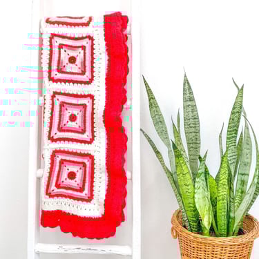 Vintage Afghan Blanket | Pink, Red & White Granny Square Afghan | Vintage Crochet Blanket 