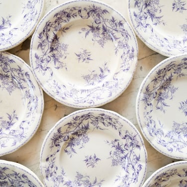 rare antique French Sarreguemines lavender transferware dessert plates, set of 8
