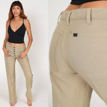 70s Flared Trousers Tan Exposed Button Fly Bell Bottom Pants Mid Rise Flares Creased Slacks Khaki Hippie Bohemian Vintage 1970s Medium 