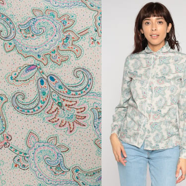 Paisley Blouse 80s Peter Pan Collar Button Up Shirt Boho Lace Collar Shirt Retro Hippie Bohemian Long Sleeve 1980s Vintage Off White Small S 