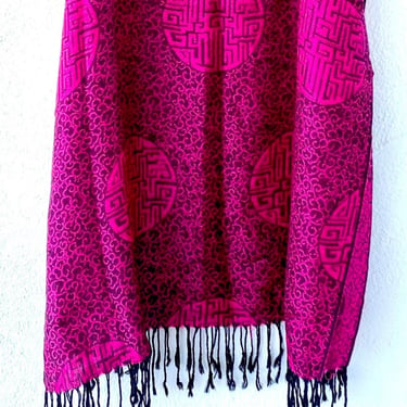 Vintage 90s Y2K Chinese Woven Fringe Long Wide Scarf // Magenta Pink Black Wrap 