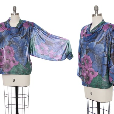 Vintage 1980s Blouse | 80s Metallic Floral Wide Bishop Long Sleeve Cowl Neck Sheer Blue Top (medium/large) 