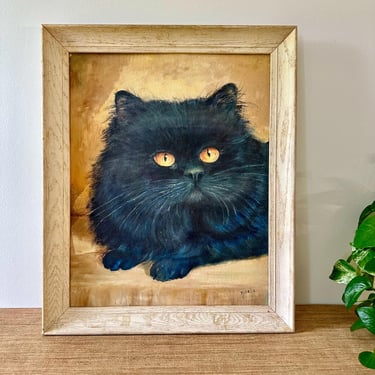 Vintage Original Painting of Black Kitten on Artist Board - Signed Kubela - 23