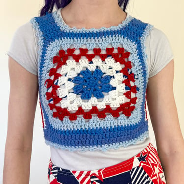 70’s Hand Knit Crochet Light Blue Red White Granny Square Vest Tank
