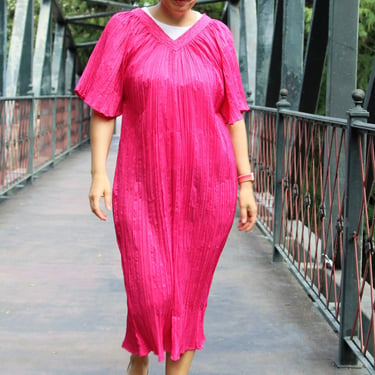Vintage 70s Bobbie Brooks Caftan Dress, One Size, bright pink pleated polyester, crochet neckline, Loose Fit 