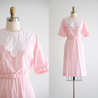 cute cottagecore dress 80s vintage pastel pink lace collar knee length dress 