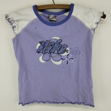 XXS 00s Nike Floral Logo T-Shirt Cute Purple Cotton Baby Tee XXSMall 1990s 2000s Fitted Y2K Trendy 