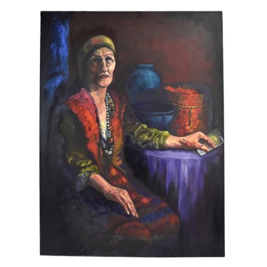 Portrait Fortune Teller w Tarot Card Oil Painting Lenell Chicago Artist 