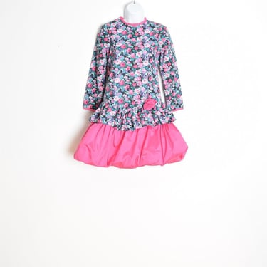 vintage 80s dress black floral print pink bubble hem kinder mini XS XXS clothing 