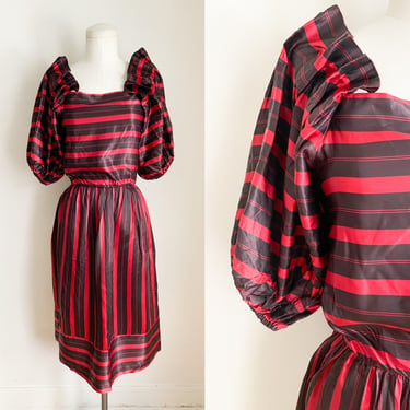 Vintage 1980s Red & Black Striped Party Dress / XXS 