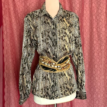 Sheer Vintage Blouse, Metallic Reptile Print, Silky Polyester Top, Size 16 US, Vintage 90s 00s 
