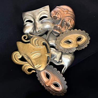 Large Statement Pin, Brooch, Drama Masks, Masquerade, Tri Color Metal,  Theatre, Vintage 