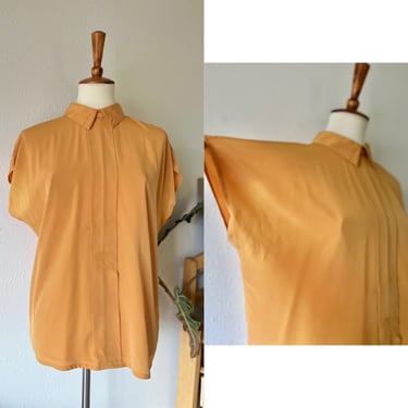 Vintage mustard yellow silky high neck collar blouse size small 