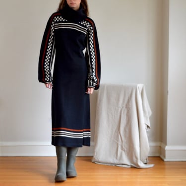 70s checkerboard racing stripe turtleneck sweater midi dress 