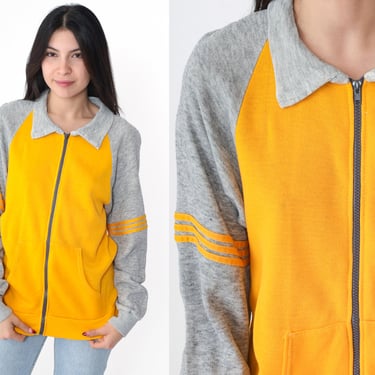 80s Track Jacket Yellow Grey Striped RAGLAN Sleeve Zip Up Sweatshirt Warmup 1980s Warm Up Jacket Athletic Sports Vintage Small S 
