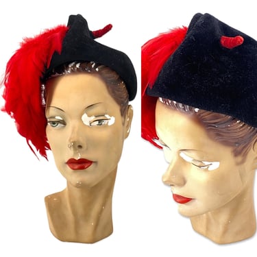 40s red feather felt hat, vintage 1940s Maria Dallas sculptural cocktail hat, 30s tilt hat fascinator 