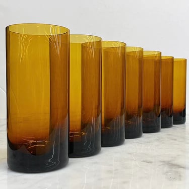 Vintage Drinking Glasses Retro 1960s Mid Century Modern + Amber Glass + Highballs + Set of 7 + Cylinder Shaped + Water Tumblers + MCM Bar 