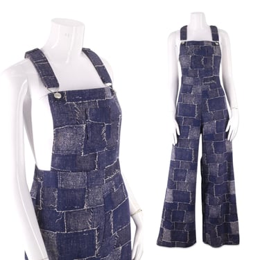 1970s Patchwork Print Overalls Jumpsuit size Large, Vintage Bell Bottoms, custom denim, Women's Jumpsuit size 10 m/l 