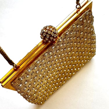 Vintage 60s Walborg Rhinestone Metal Gold Bag 1960s Space Age Purse Handbag Clutch 