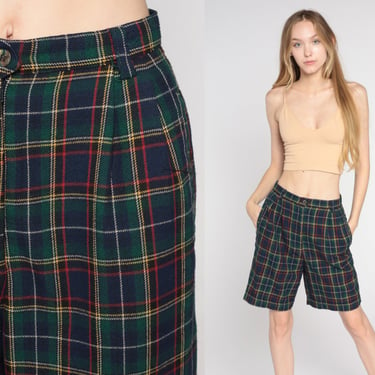 90s Plaid Shorts Navy Blue Mom Shorts High Waisted Retro Pleated Trouser Shorts Checkered Preppy Knee Length Hipster Vintage 1990s Small 26 
