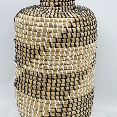 Vintage tall  Handcrafted Coil Basket Vase Geometric Design -great Condition- 15" X 8" X 4.5" 