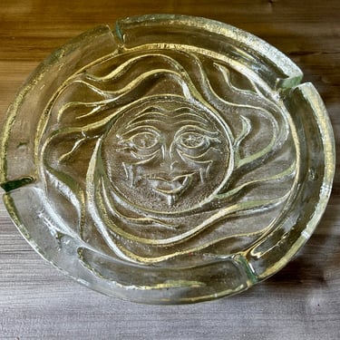 Vintage Blenko Extra Large Crystal Ashtray with Sun Face 1970s Mid Century 