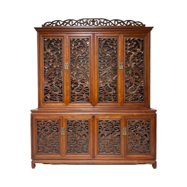 Rare Vintage Rosewood China Cabinet with Carved Wood Dragons, Glass Doors, Asian Brass and 4 Drawers - Unique Chinese Oriental Furniture 