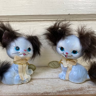 Kitschy Enesco Gray Ceramic Kittens With Fur, Fluffy And Freddie Furry Kittens, Cat Figurines Gray Cats With Black Fur On Ears And Tail 