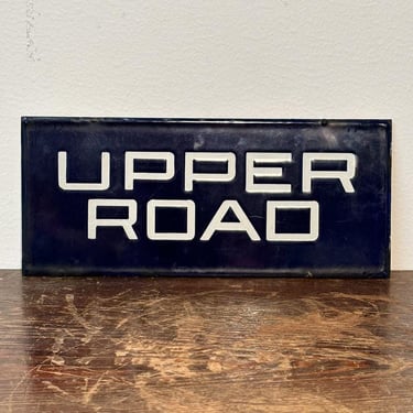 1920s "Upper Road" Blue Enamel Street Sign - - Antique Street Signs - Home Decor Signage - Blue White Embossed Lettering 