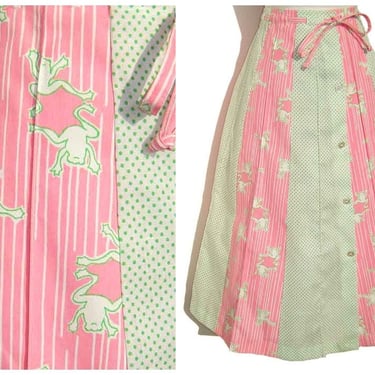 Vintage Frog Skirt Pink & Green Polka Dot Novelty Print M/L - Julia Montgomery 