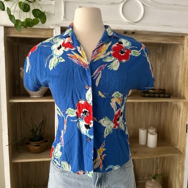 Vintage Hawaiian Blue Shirt Size Small |  Original Hibiscus Hawaiian Shirts | Beautiful Hawaiian Shirts | Camp Shirt | Gifts Ideas 