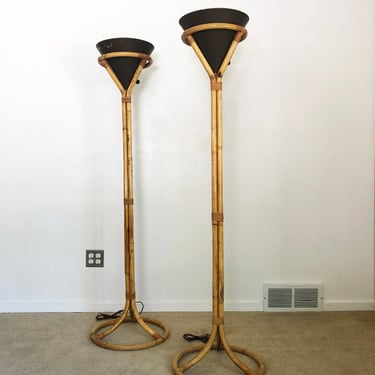 mid century Raymor (2) torchiere cone floor lamp pair bamboo rattan 