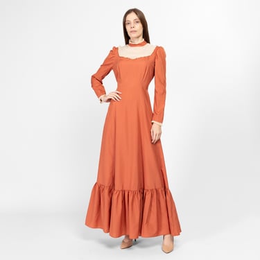 Medium 70s Does Victorian Orange Prairie Maxi Dress | Vintage Cottagecore Lace Trim Boho Long Puff Sleeve Gown 