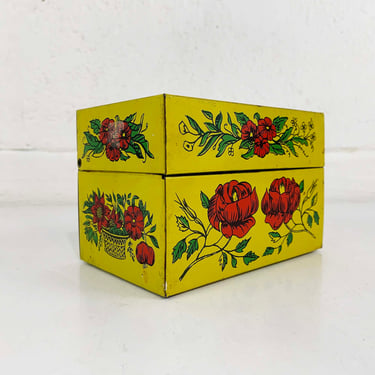 Vintage Metal Recipe Box Yellow Red Green 1970s Syndicate Manufacturing Co. Tin Made in USA Mid Century Recipes Phoenxville PA 