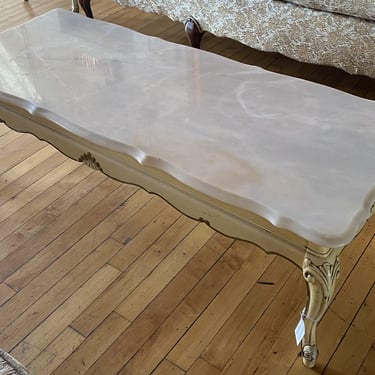 Cream Colored Wood Carved Marble Top Coffee Table