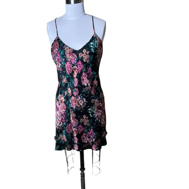Vintage August Silk Slip Dress Large Black Floral 100% Silk Short Mini Vintage Nightgown 