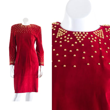 Vintage 1990s Red Suede Dress | Shoulder Pads | Gold Studs 