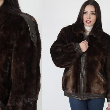 Ombre Mahogany Mink Bomber Jacket / Real Fur Zip Up Puffer Warm Coat / Vintage 80s Mens Oversized Winter Overcoat 