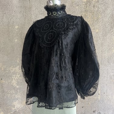 Antique Edwardian Black Silk Lace Embroidery Bodice Balloon Sleeve Dress Top Vtg