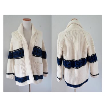 Vintage 70s Boho Sweater - 1970s Thick Knit Cozy Wrap Hippie Cardigan - Open Front - Size Large 