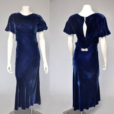 vintage 1930s blue silk velvet dress with puffed sleeves and belt XS/S 