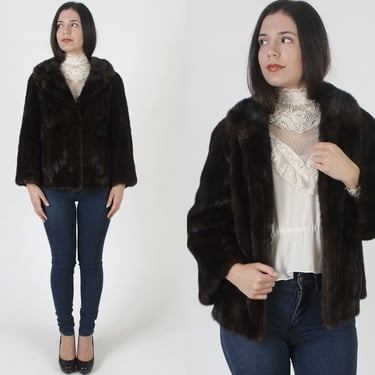 Womens Short Mahogany Mink Jacket / 70s Cropped Brown Fur Coat / Rolled Fur Shawl Collar / Wedding Bridal Swing Overcoat 