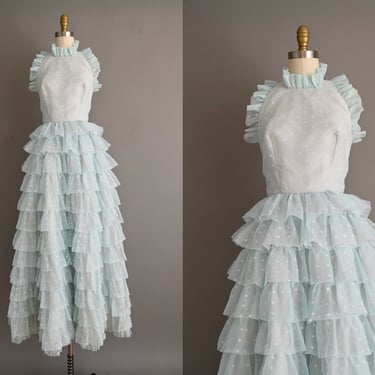 vintage 1950s Dress | Mint Blue Ruffle Tier Polka Dot Bridesmaid Party Prom Dress | XS 