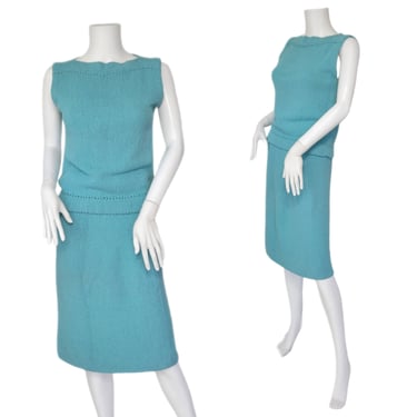 1960's Turquoise Blue Cotton Sweater Knit 2 Piece Skirt Top Set I Sz Med 