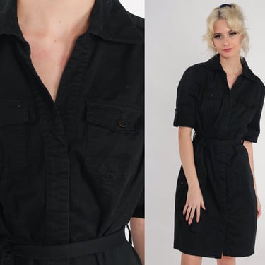 Black Mini Dress Y2k Button Up Day Dress Short Cuffed Sleeve Shirtdress High Waisted Belted Minidress Simple Chic Summer Vintage 00s Medium 