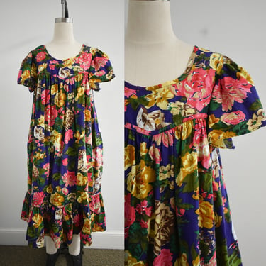 1980s Purple Floral Cotton Housedress 