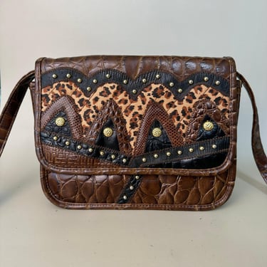 Vintage Brown Patchwork Leather Crossbody Bag  | Boho Animal Print Purse | 80s 90s Crossbody Handbag | Shoulder Bag | Hippie vintage Purse 